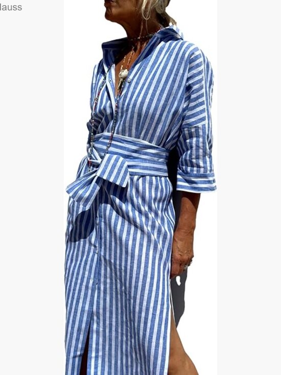 Dresses & Skirts - Women's Maxi Shirt Dress 3/4 Sleeve Button Down Belted Casual Vacation
